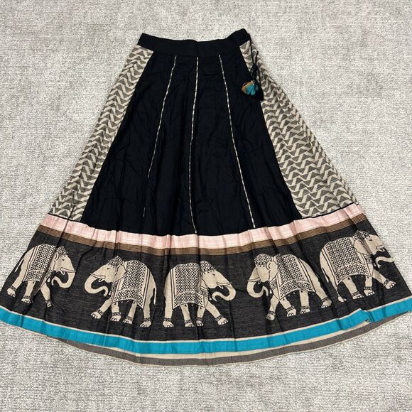 Maxi Skirt Womens Medium Black Beige Elephant Long Modest Art Stretch Festival - Picture 1 of 5